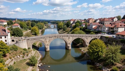 A Scenic Stone Bridge Over a Serene River Surrounded by Charming Townhouses Under a Blue Sky