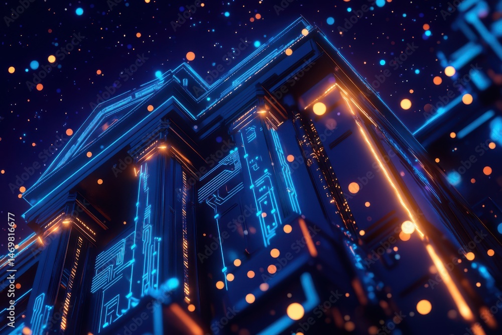 Poster a bank building with columns and blue circuit linings as the main theme of the image. architecture a