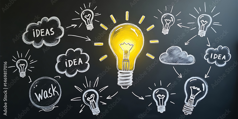 Poster creative illustration of a glowing lightbulb at the center surrounded by ideas drawn in chalk repres