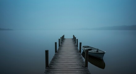 Fototapeta premium Misty lake pier with boat