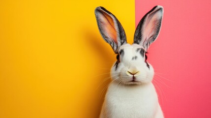 Obraz premium Cute rabbit with striking ears posing against vibrant yellow and pink background, colorful pet photography