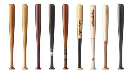 Professional Metal Baseball Bat Collection Isolated on Transparent Background