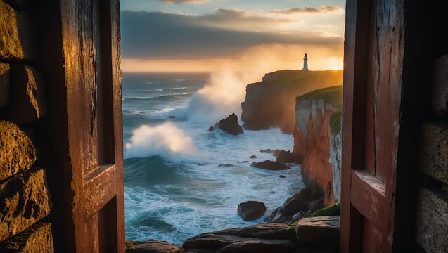 Fototapeta Ocean Waves Crashing Against Cliffside Lighthouse Seen Through Rustic Window