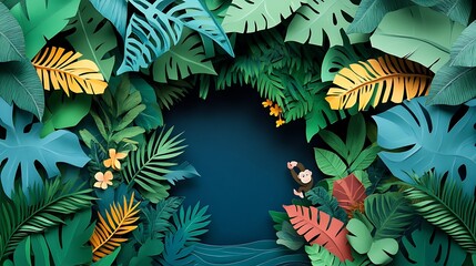 Monkey in lush paper jungle.