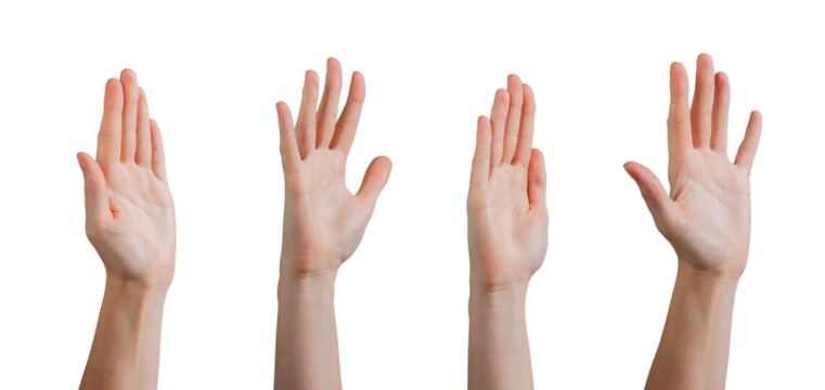 Hand raised in a friendly wave gesture, signaling a greeting. Fingers open, palm facing forward,