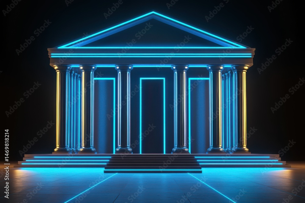 Poster a bank building facade with columns and blue circuit lines visible on the exterior architecture.