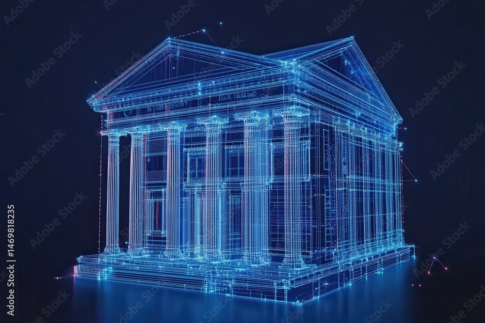 Poster a bank building with columns and a blue circuit line design.