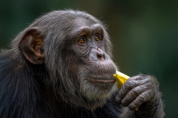 Chimpanzee enjoys a ripe yellow banana, holding it close to its mouth while gazing off in the distance within lush habitat.