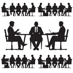 Silhouette of Business People in a Meeting, Business Meeting Silhouettes Diverse Group Teamwork Collaboration, Business People in a Meeting Around a Table, 