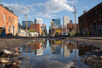 Obraz premium City skyline reflections in a street puddle featuring surrounding buildings, telephone poles, and sky during sunny day