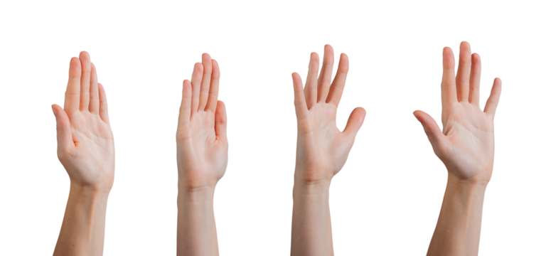 Hand raised in a friendly wave, signaling a greeting or hello. Casual, natural gesture for