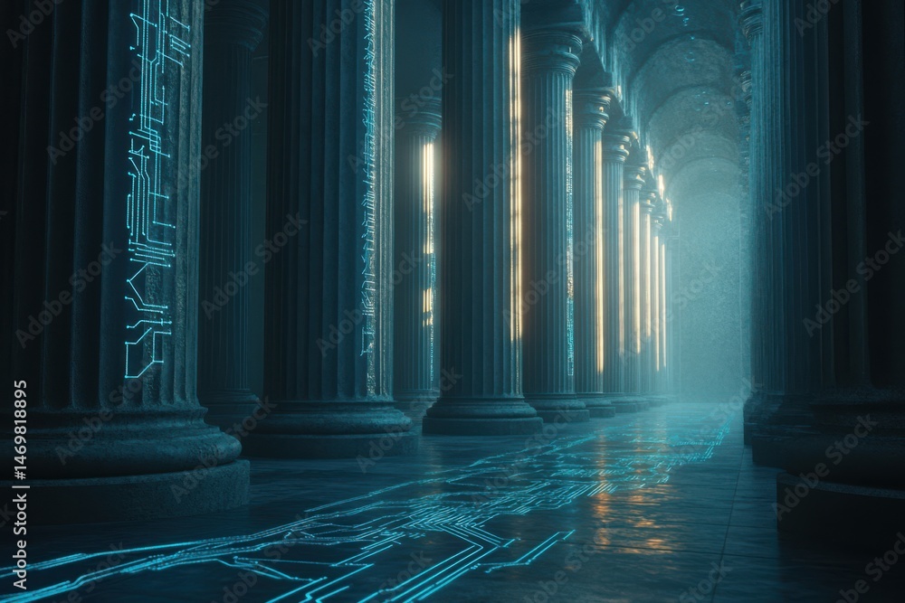 Poster a bank building with columns emphasizing its grandeur, adorned with blue circuit lines for a modern 