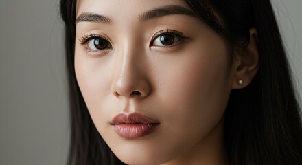 Fototapeta premium Close-up Portrait of a Young Woman with Smooth Skin and Dark Hair, Elegant and Serene Expression