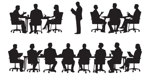 Silhouette of Business People in a Meeting, Business Meeting Silhouettes Diverse Group Teamwork Collaboration, Business People in a Meeting Around a Table, 