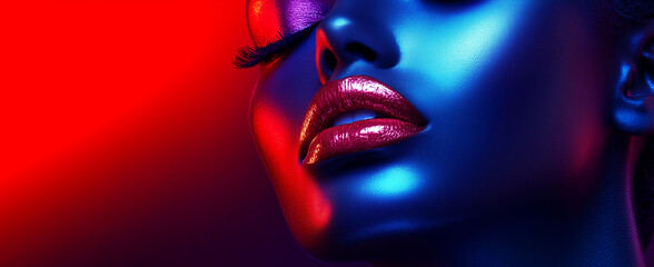 Obraz premium Artistic Close-Up of Bold Makeup on Glamorous Woman in Neon Light