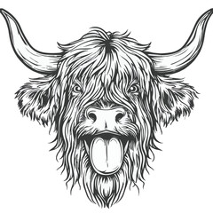 Highland Cow Head Sketch With Tongue Outward Black And White Illustration