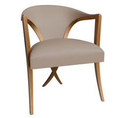 Light beige upholstered armchair with wooden arms and legs.  Stylish and elegant design