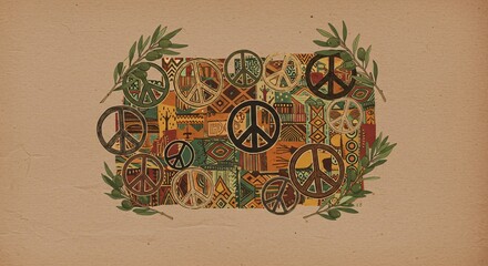 Peace Symbol Collage A Vintage-Inspired Artwork Featuring Diverse Peace Signs and Olive Branches