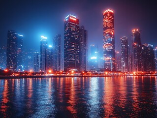 Vibrant nighttime cityscape reflected in a calm body of water.