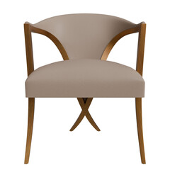 Cream-colored upholstered arm chair with wooden frame.  Features curved armrests and a cross-shaped...
