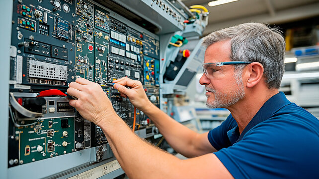 Electronics Technician at Work: Focused technician meticulously inspecting electronic components, showcasing expertise and precision in a modern industrial setting.