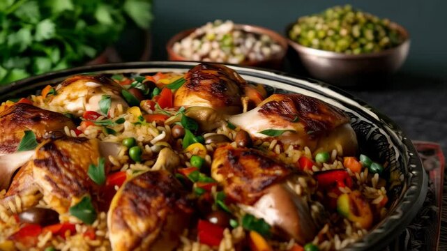Palestinian maqluba, an upside-down rice cake with chicken and vegetables, served in a large serving dish. A traditional and flavorful dish from Palestine