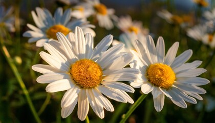 Fototapeta premium a vibrant close up of beautiful white daisies with bright yellow centers basking in the natural sunlight