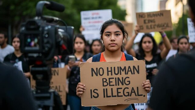 Young Latina Girl Holding Protest Sign Advocating for Immigrant Rights at Public Demonstration in Urban Setting