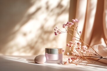 Soft skincare scene with flowers and cream.