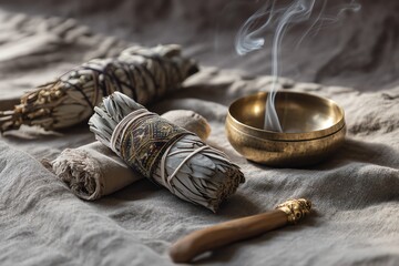 Smudging tools and incense for spiritual cleansing.