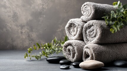Soft towels stacked with stones and greenery.