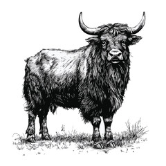 Majestic Highland Cattle Illustration Black And White Farm Animal Artwork