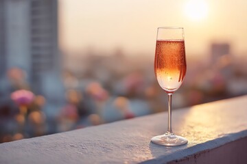 Sparkling drink in a glass at sunset.