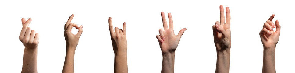 Hand raised with fingers making a heart shape, peace, ok, tapping. Gesture of communication and