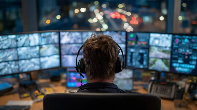 Focused security operator analyzes data across multiple monitors in high-tech control room, coordinating system operations. Real-time dashboards interfaces guide security operator in decision-making 