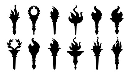 fire flame torch icon set vector art silhouette design