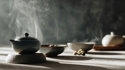 Steaming tea displayed in elegant pottery.