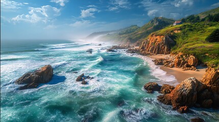 Stunning coastal view with waves and cliffs.