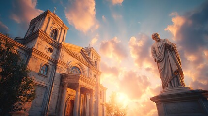 Stunning sunset over historic architecture and statue.