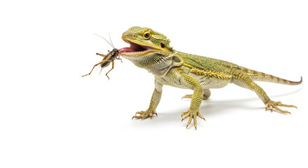 Fototapeta premium Bearded Dragon Eating Insect, Studio Shot on White Background
