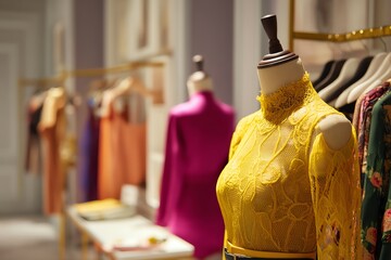 Stylish clothing display in fashion boutique.