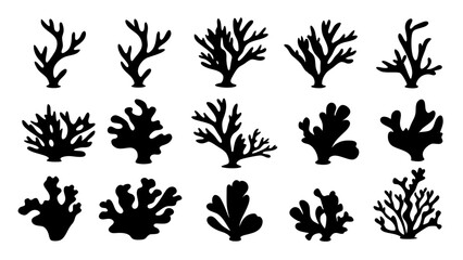 Seaweed silhouettes, coral black icon. Abstract organic shape, underwater plant, matisse element, cute sea doodle.