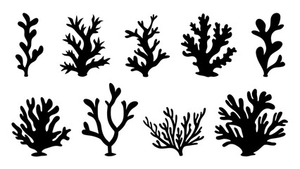 Seaweed silhouettes, coral black icon. Abstract organic shape, underwater plant, matisse element, cute sea doodle.
