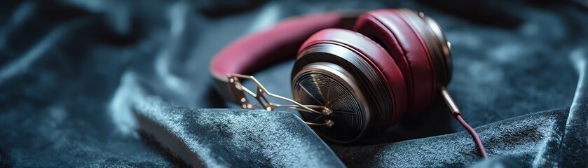 Stylish headphones on soft fabric surface.