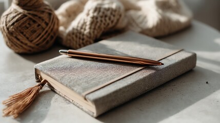 Stylish journal with pen on a cozy table.