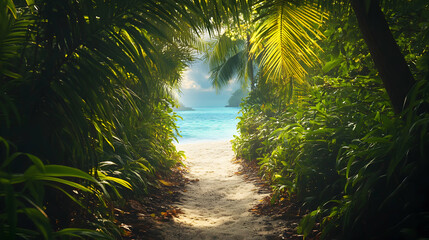 Idyllic pathway to paradise: A tropical beach scene with lush vegetation framing