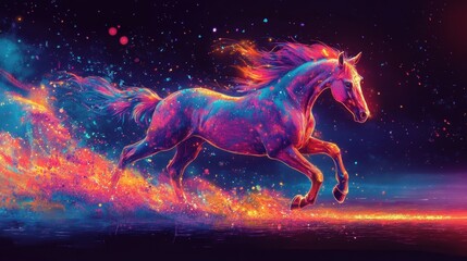 Obraz premium Majestic Horse Galloping Through Vibrant Colorful Galaxy with Glowing Stardust and Sparkling Light Effects