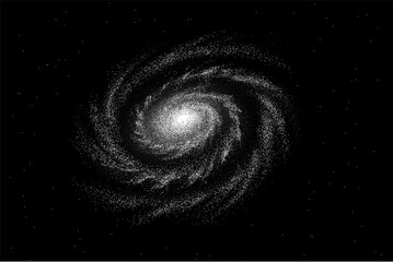 A majestic spiral galaxy with a bright core and swirling arms filled with billions of stars, gas, and nebulae. Glowing clusters of stars form intricate patterns surrounded by interstellar dust. Vector