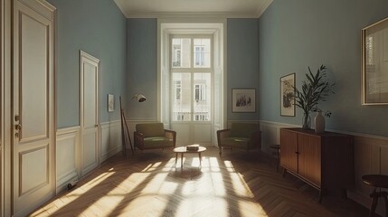 Obraz premium Interior view of a sunlit, elegant sitting room.
