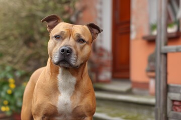 Attentive tan Staffie dog with a white chest stands outdoors in front of a rustic building gazing forward